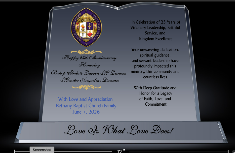 Bishop Duncan 25th Pastoral Anniversary commemorative plaque from Bethany Baptist Church Family